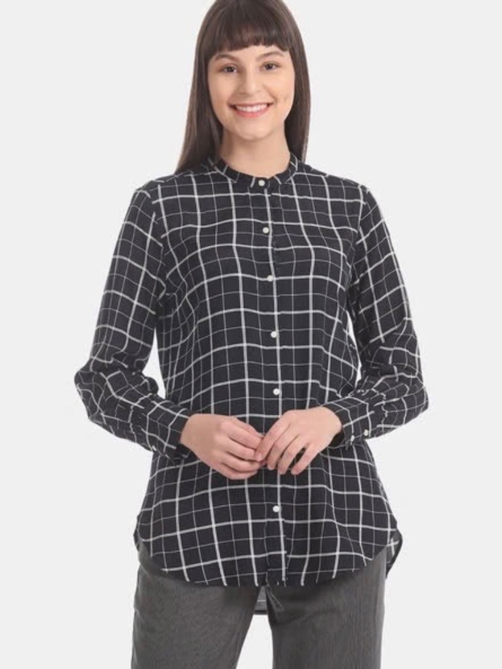 GAP Windowpane Plaid Band Collar Button Down Relaxed Tunic Shirt Black White